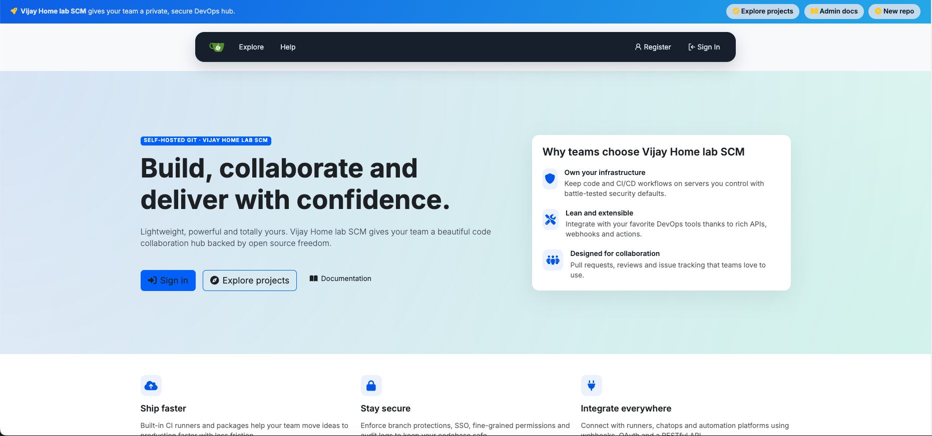 Screenshot of the customized Gitea home landing page showing the Bootstrap hero layout, quick actions, and footer enhancements